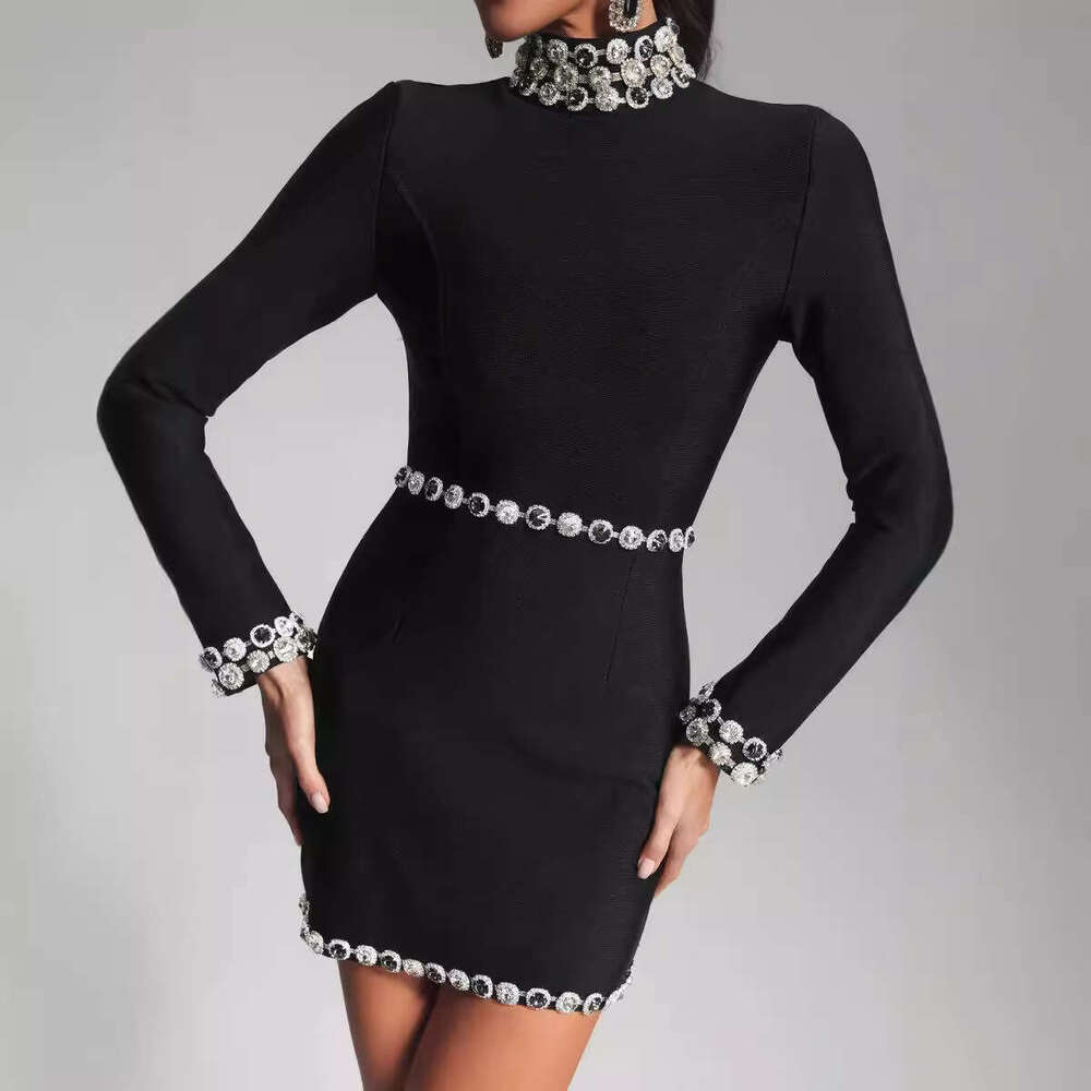 Autumn New Fashion Black Long Sleeve High Neck Tie Bandage Slim Fit Women's Short Dress