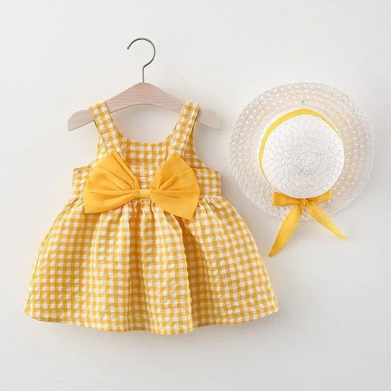 2Pcs/Set Baby Girl Plaid Sweet Bow Summer Birthday Party Dress Toddler Kids Outfits 0 To 3 Years Children Clothes Suit Hat 250617
