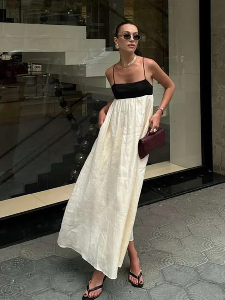 Black White Patchwork Slip Dresses Pleated Loose Color Contrast French Sexy Women Linen Suspender Long Dress Fashion Maxi Robes 250616