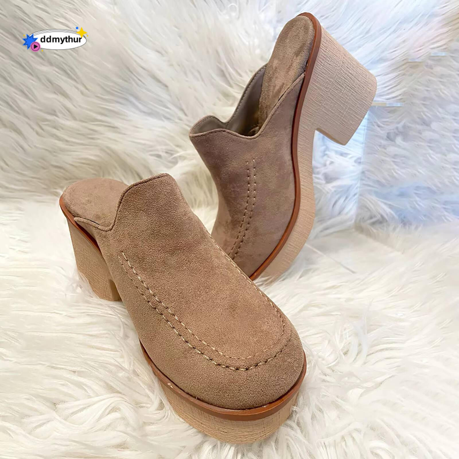 Vintage Womens Cute Summer Slip On Flock Casual Round Toe Square Heels Soft Bottom Small Heel Sandals For Women 2024 ddmythur