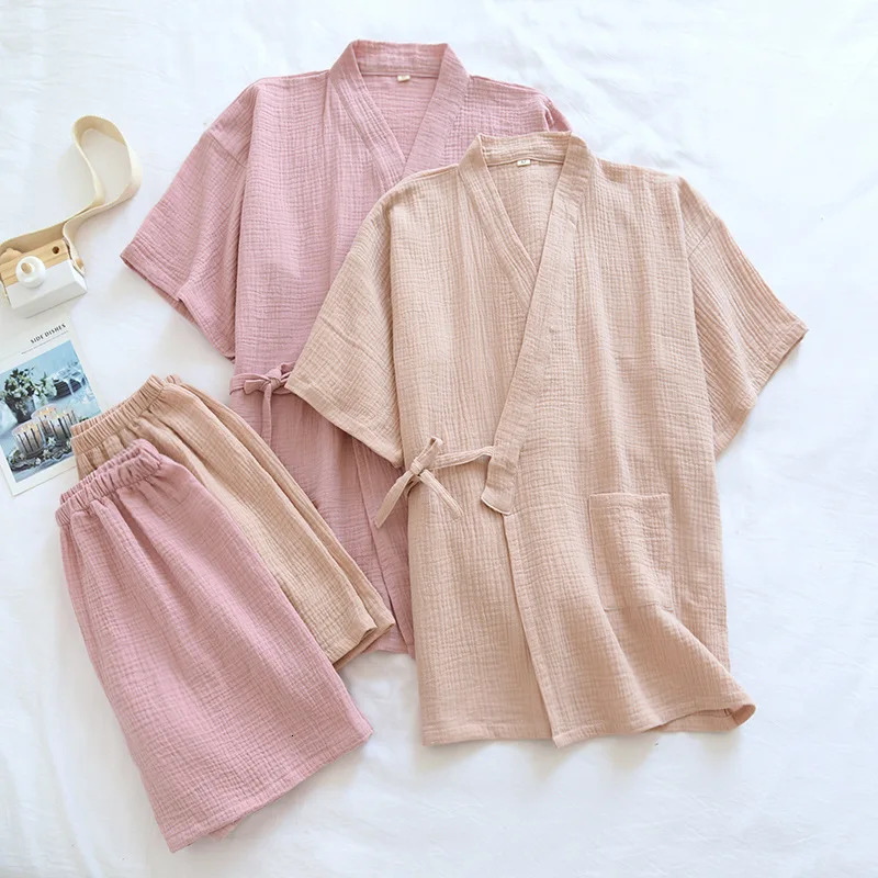 Summer Style Japanese Kimono Pajamas Suit Couple Thin Cotton Crepe Mens Short-Sleeved Shorts Two-piece Womens Home Service 250616