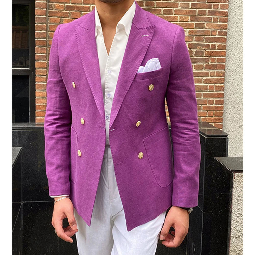 Summer Linen Men Blazer Casual Metal Double Breasted Men Suit Jacket Business Office Social Daily Custom Slim Coat 250617