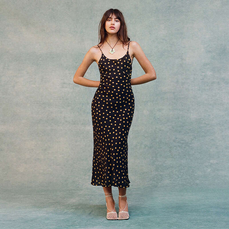 Birthday Dress Skirt Vestidos De Noche Black Dress 690 Silk Spaghetti Strap Low-cut Asymmetrical Long Backless Dress Printed French Vacation Style Fem