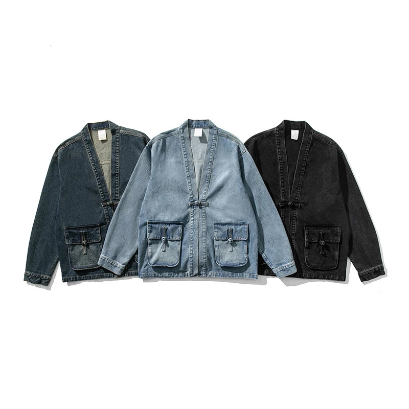 Denim Kimono Jacket Men Fashion Casual Jeans Jackets Coats Male Chinese Style Button Denim Jacket Vintage Hip Hop Loose Outwear 250616