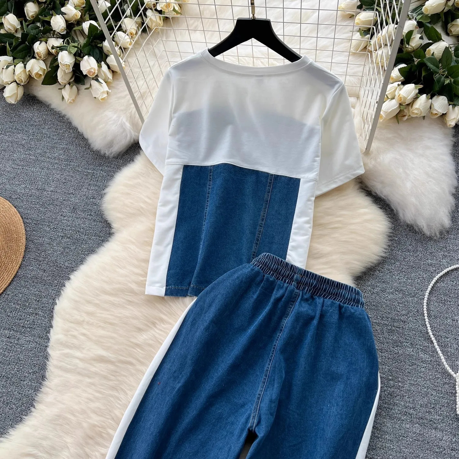 Two Piece Sets Women Pant Set Matching Sets Y2k Streetwear Denim Splice Tops Wide Leg Long Pants Elastic Waist Lace Up 250614