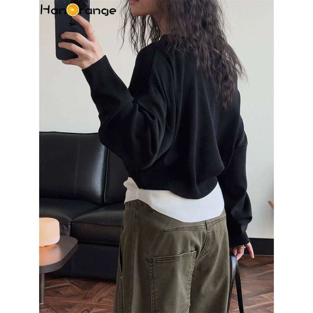 HanOrange 2025 Spring Summer Slant Neck Off Shoulder Two Piece Knitted Top Women Soft Sweater Black/Apricot/Gray/Navy Blue