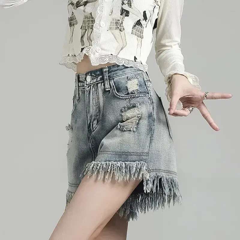 Summer High Waist Ripped Denim Shorts for Women Low Price Japanese 2000s Style Short Jean Pants Woman Design Elegant XL Jorts