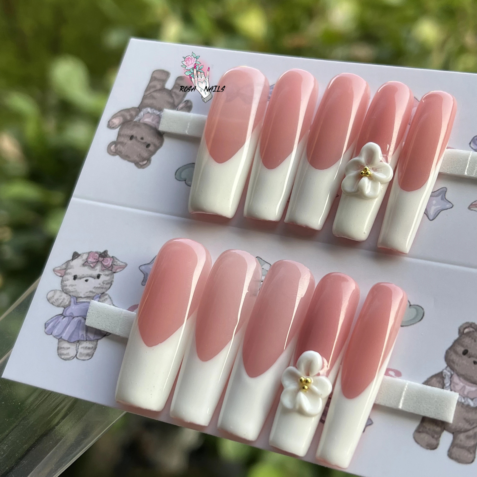 French Tips Extra Long Square Nail Art 3D Flower Nude Colours French Tip Long XL Square Flowers Acrylic Handmade Press on Nails 250612