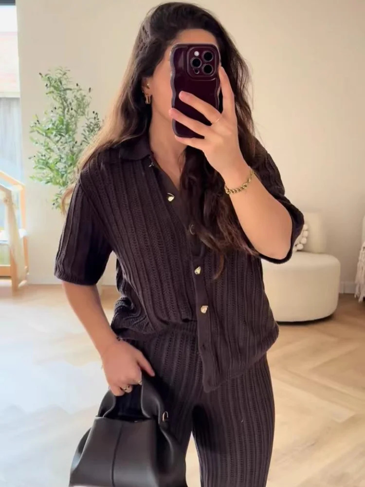 Vintage Knitted Loose Pants Set Women Brown Half Sleeve Lapel Single Breasted Cardigan Straight Trousers 2025 Fashion Solid Suit 250616