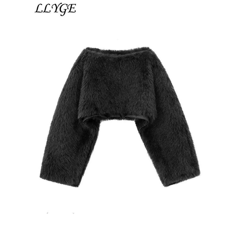 Sexy Women's Crop Faux Fur Coat Street O-neck Long Sleeve Female Plush Outwear 2024 Autumn Winter Lady Warm Furry Streetwear New