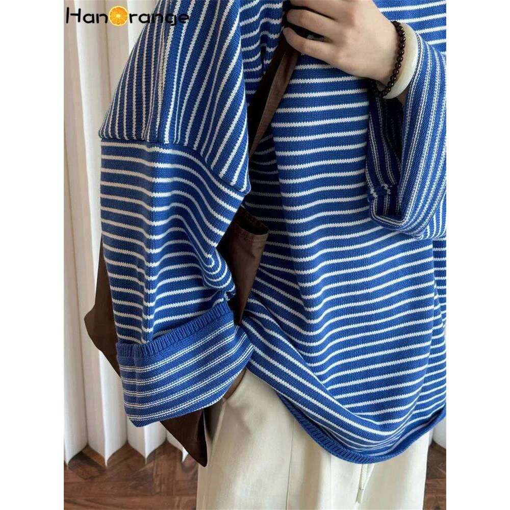 HanOrange 2025 Early Spring Fashion Striped Knitted Sweater Women Comfortable 3D Silhouette Knitting Top Black White/Blue White