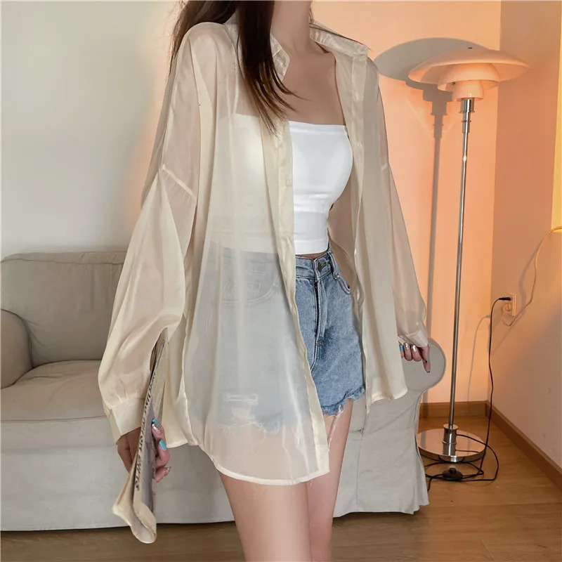 Semi Sheer Long Sleeve Shirt for Women Shimmer Button Down Collared Plain Lightweight Shirt Spring Summer Chic Tops Outfit 250616