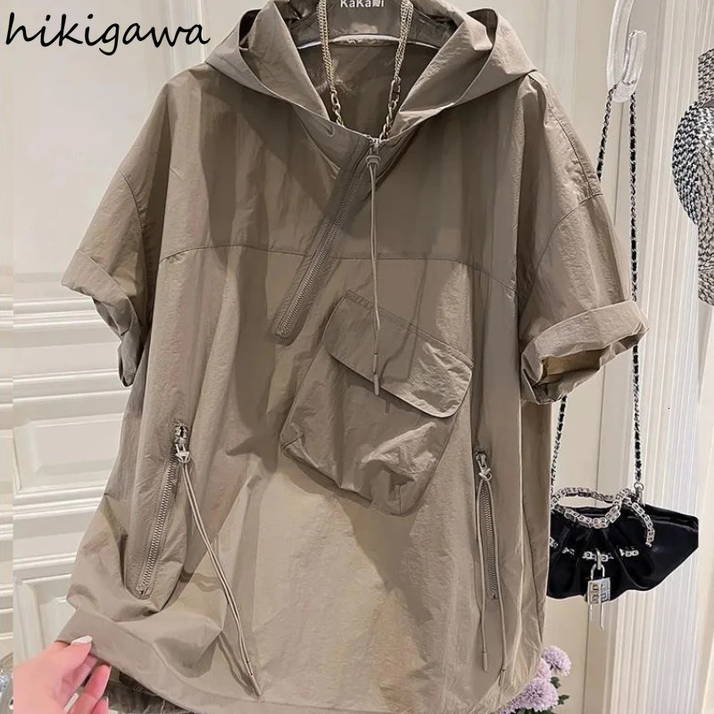 Summer Hoodies Womens Clothing Short Sleeve Hooded Half Zipper Y2k Tops Streetwear Casual Fashion Korean Sweatshirt Ropa Mujer 250612