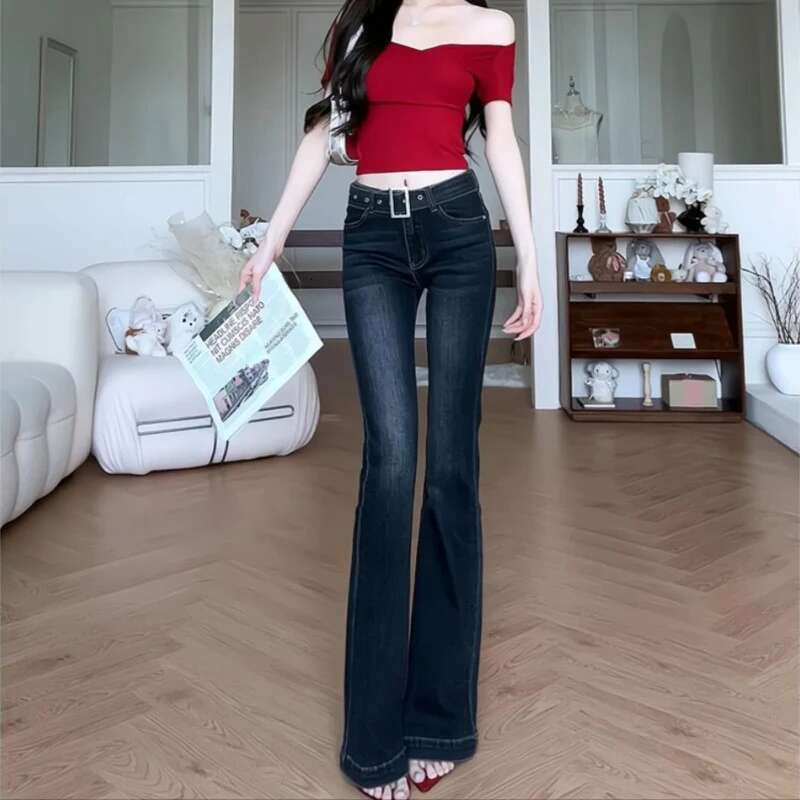 Womens Flared Jeans Solid Color Cowboy Pants for Woman Gyaru Teenagers Clothing Unique Flare Trousers Korean Fashion Stylish R