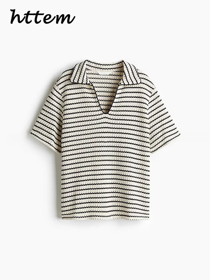 Casual Womens Knit Striped Pullover Pants Set Loose Polo Collar Short Sleeve T-shirt Drawstring Wide Leg Pant 2025 Lady Outfit 250616