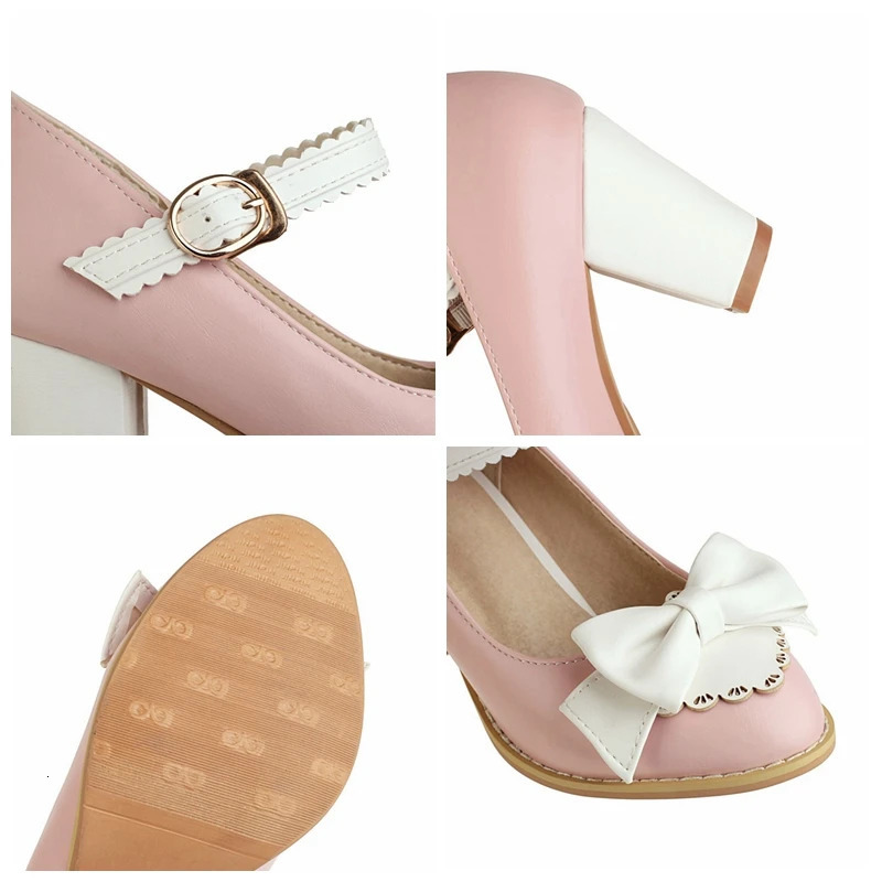 ASILETO Ladies Pumps Round Toe 7cm Block Heels Buckle Bowtie Sweet Cute Vintage All-Match Big Size 48 Party S2131 250613