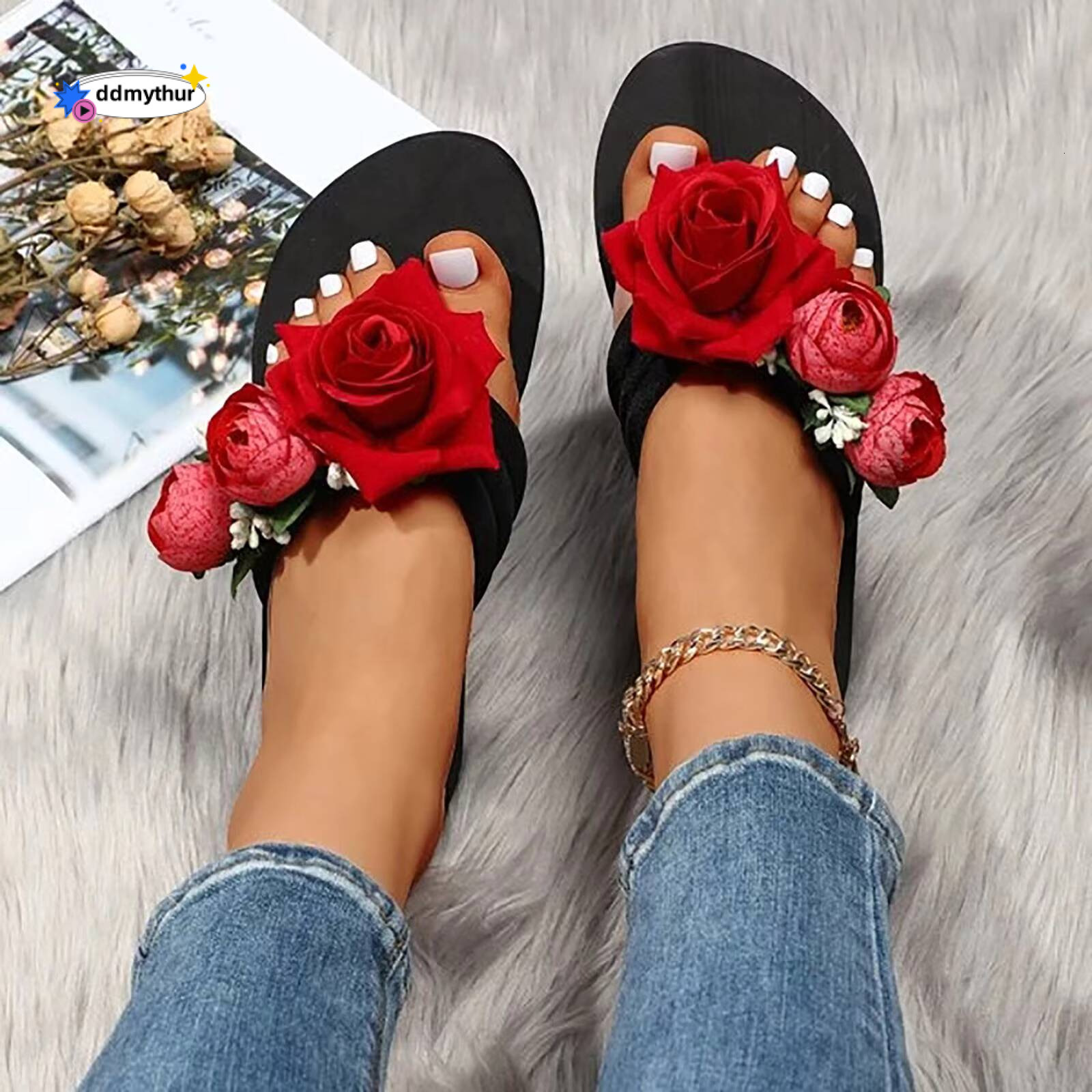 Open Toe Flowers Slippers For Women Ladies Summer Flip Flops Bohemian Casual Shoes Womens Rose Decoration Sandals ddmythur