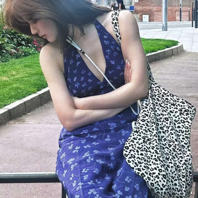 Women Dress Dresses for Woman Vestidos 841 Zhao Lusi Same Style Summer New 2025 Purple Print Deep V-neck Backless Slim Fit Silk Dress