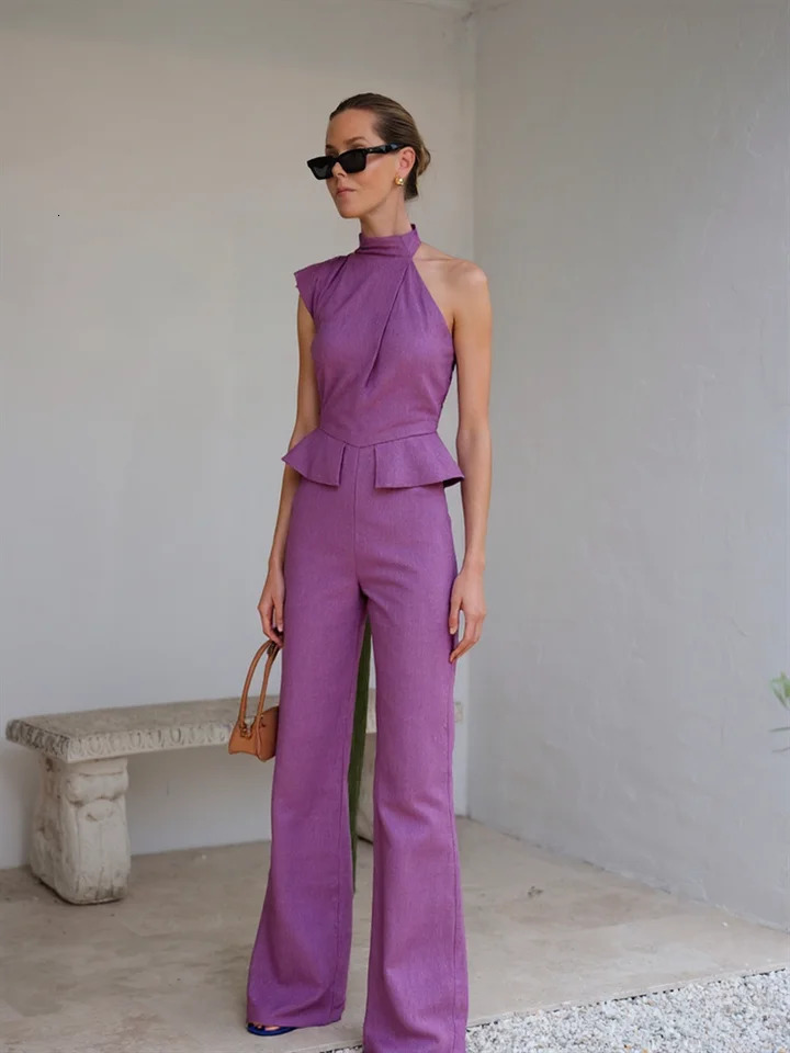 Womens Jumpsuit Solid Halter Waist Cinching Sleeveless Pockets Wide Leg Bodysuit Lady One Piece Summer Lady Streetwears 250616