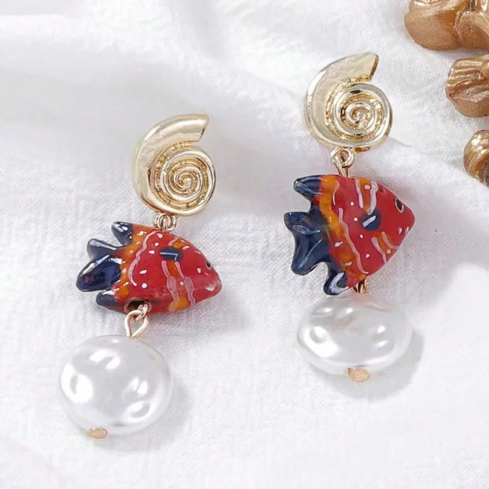 Colorful Ceramic Fish Pearl Drop Starfish Conch Earrings Ocean Style Lovely Earring Jewelry For Women Summer Vacation 250610