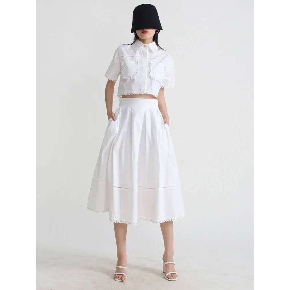 Designer Clothing 2025 Solid Two Piece Sets For Women Lapel Short Sleeve Shirt High Waist Spliced Folds Minimalist Set Female Fashion