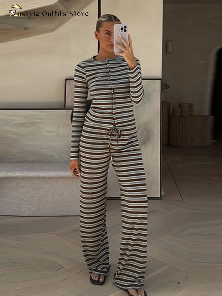 Casual Stripe Pants Suit Women Loose O-neck Buttons Coat Full Sleeves Drawstring Straight Trousers Sets Female Spring Set Lady 250616