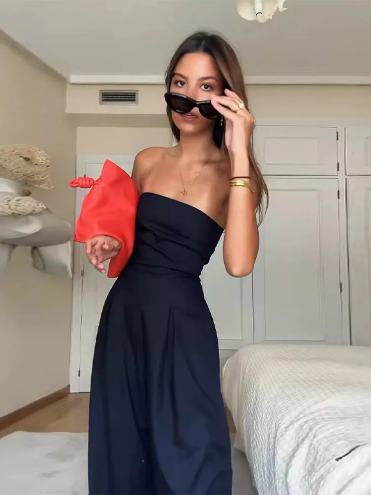 Sexy Backless Womens Jumpsuits Solid Off Shoulder Waist Cinching Pockets Wide Leg Pants Lady Bodysuit Summer Female Outwears 250616