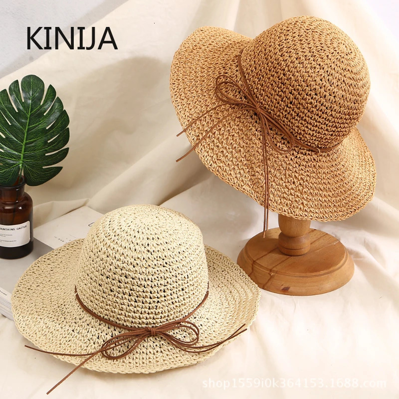 Holiday Sle Beach Fisherman Hat Seaside Sun Protection Sun Hat Large Brim Bow Woven Straw Hat Women Panama Chapeau Korean 250616