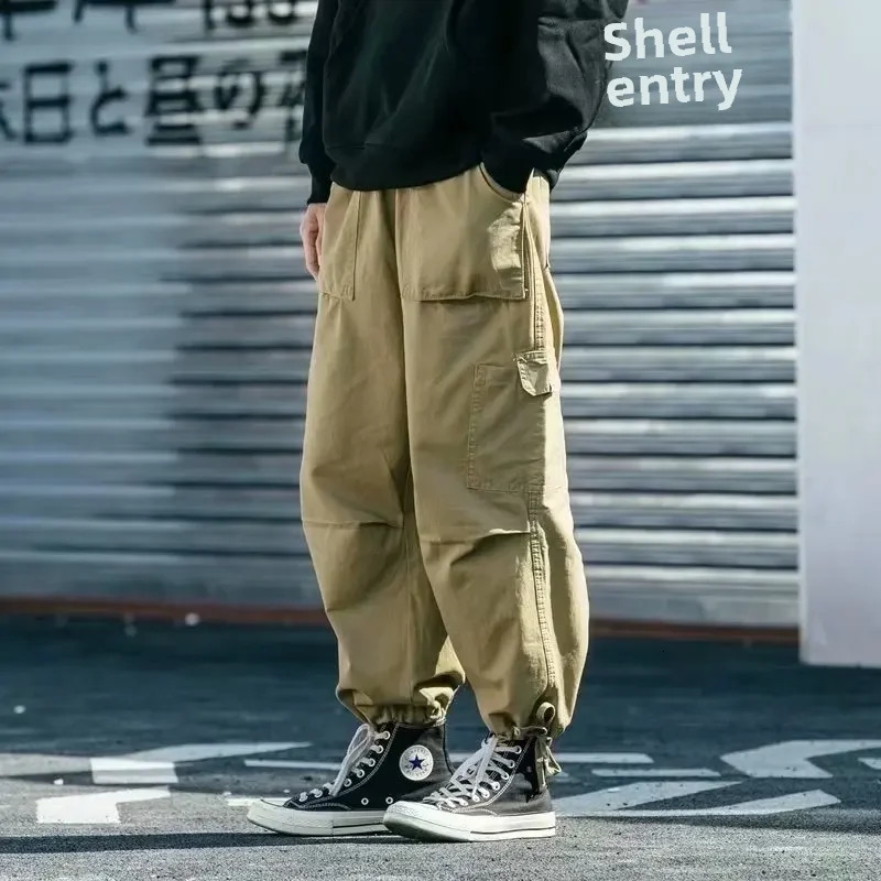 Japanese Style Cotton Cargo Pants Trendy Loose Fit Wide Leg Drawstring Ankle Pants Men Casual 250616