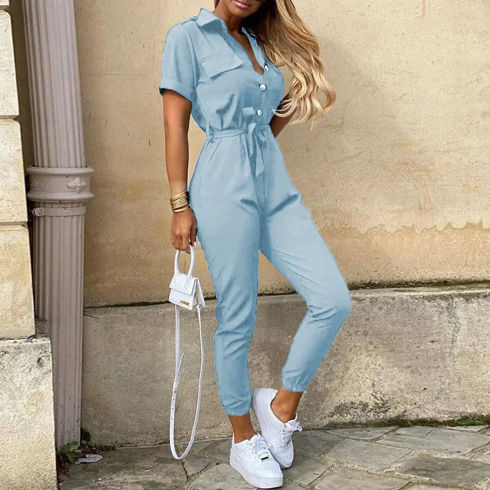 Womens Monochromatic Belt Workwear Jumpsuit Casual Pants Flip Collar Buckle European and American Summer 250616
