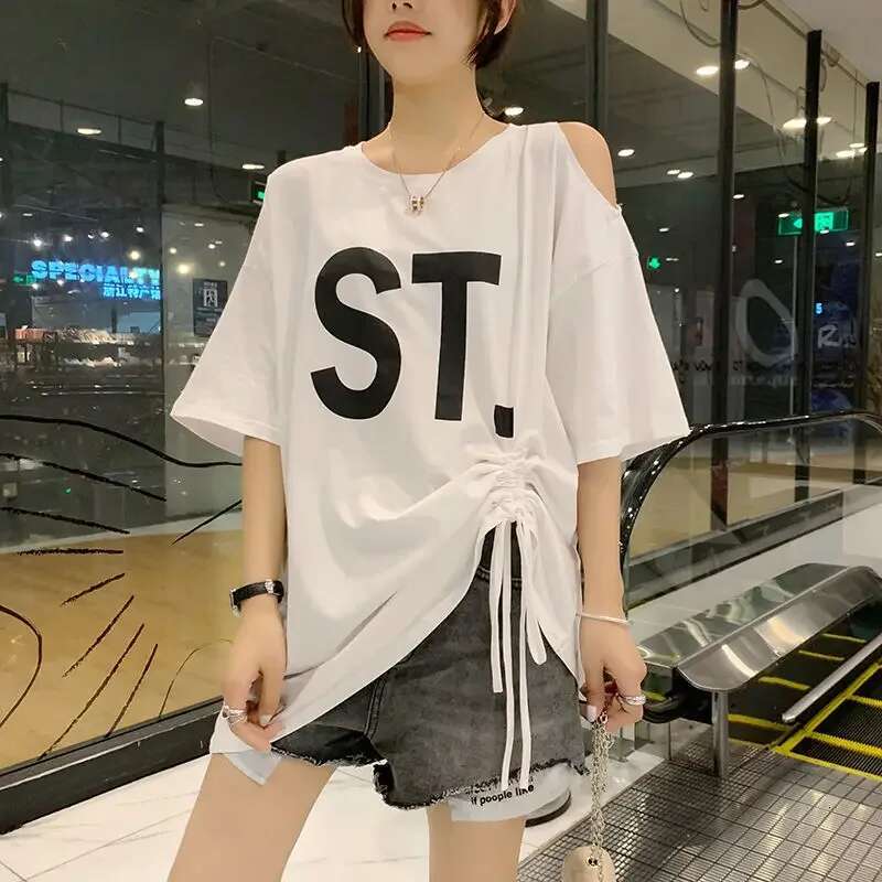 T Shirt for Women Off Shoulder Baggy Graphic Short Sleeve Tops Woman Y2k Fashion Korea Japanese Vintage Clothes Korean Reviews