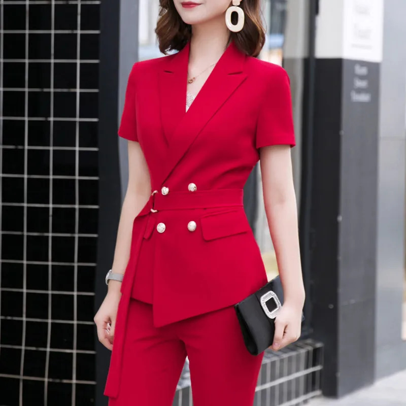 Fashion Conjuntos Feminino Elegante Women Pants Suit With Belt Summer Short Sleeve Blazer and Trousers Two Piece Set 250612