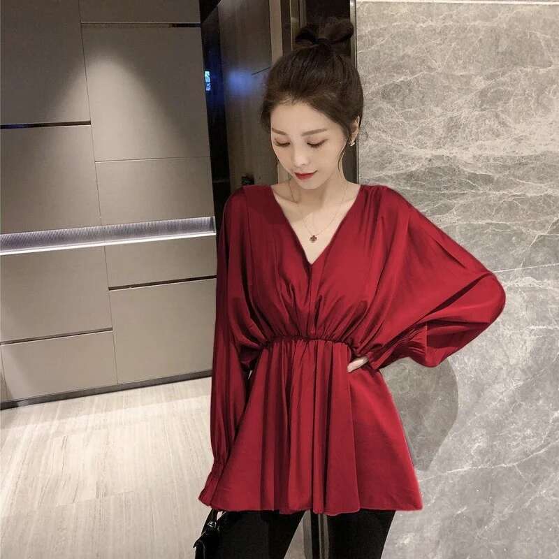 Tops for Women Loose Womens Shirt Blouse Ruffle Clothes White with Sleeves Frill V Neck Pretty Elegant Chic Modern Long Youth