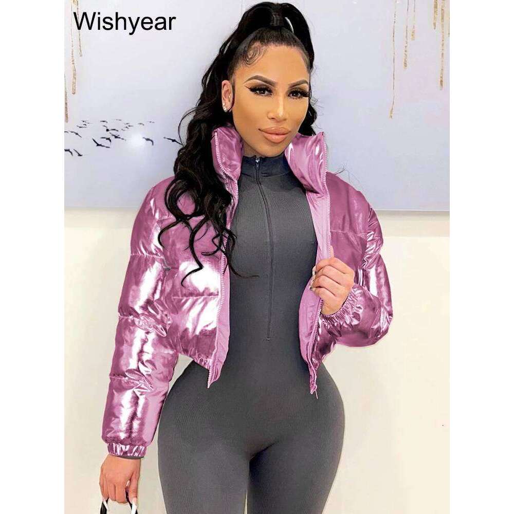 Metallic Siery Shiny Puffer Parka Cropped Jacket Women Long Sleeve Stand Collar Zip Up Winter Warm Coat Street Outerwear New