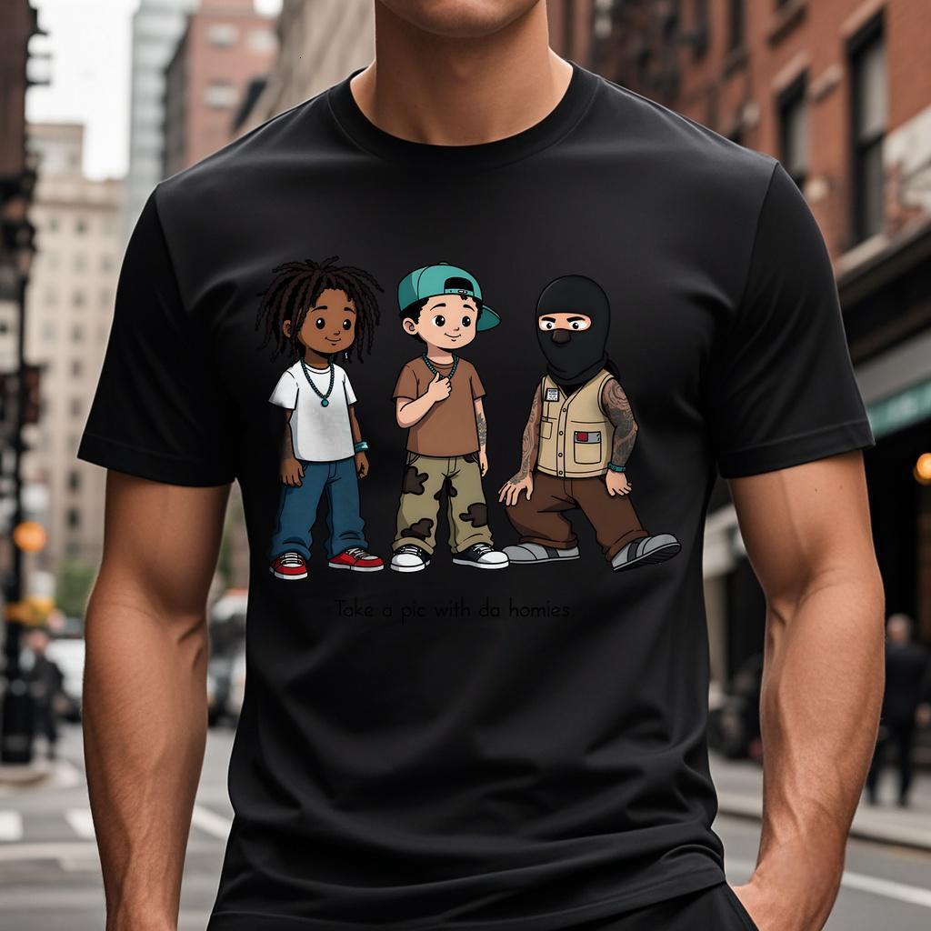 Dongdumaoyi Men Cotton Black Cartoon Adult 180G Boy Short Sleeve White Round Collar T Shirts S-3Xl 76e1