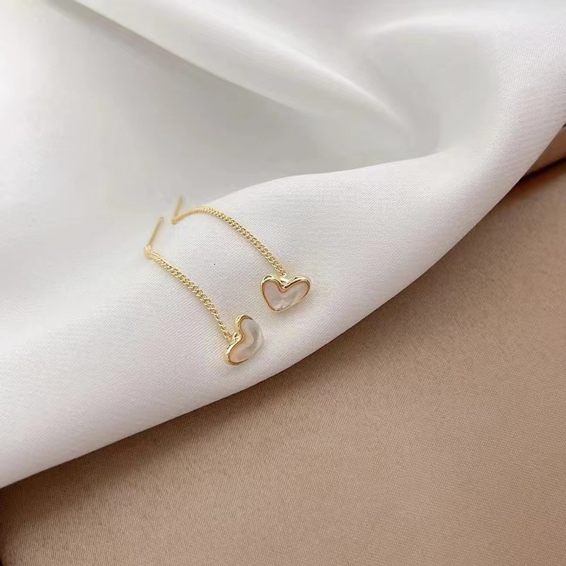 Light Luxury Fashion Elegant Simple Temperament Mother-of-Pearl Heart Threader for Women High-End Titanium Steel Non-Fading Earrings