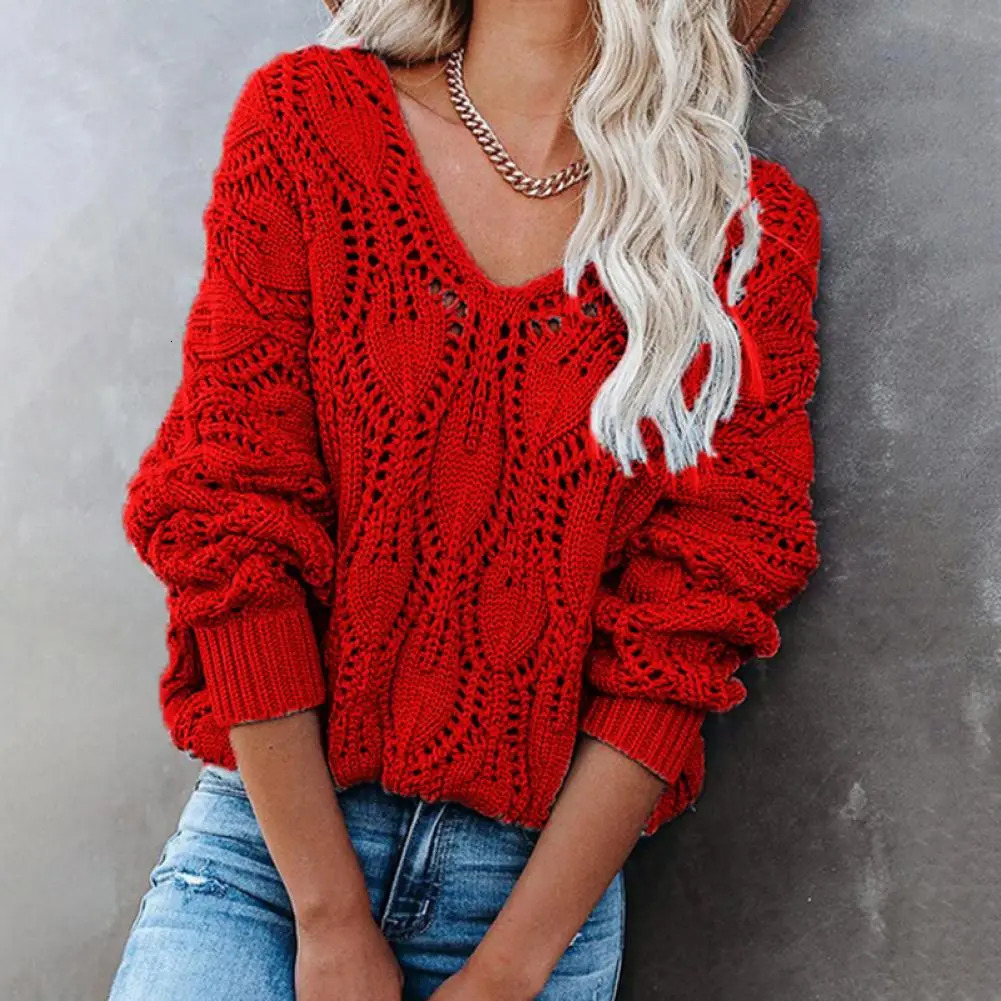 Casual Pure Color V Neck Sweaters Fashion Loose Women Hollow Out Knitted Jumper Streetwear Autumn Winter Long Sleeve Sweaters 250614
