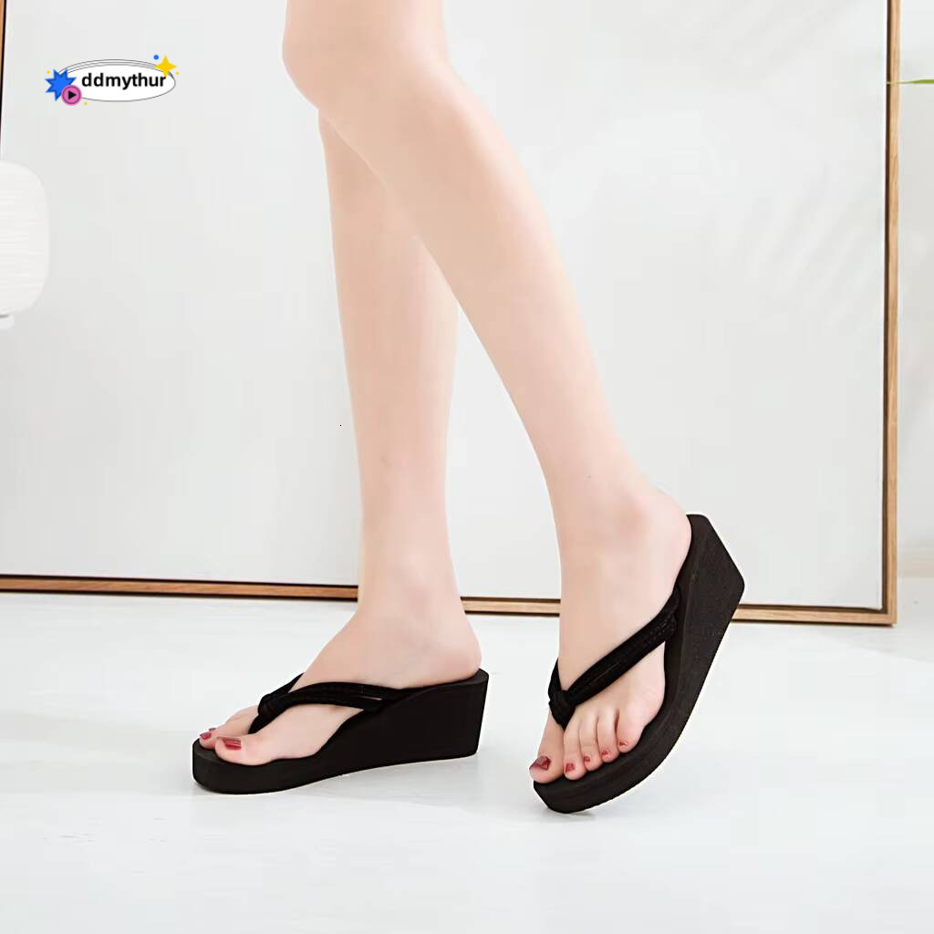 Women's High-Heeled Flip-Flops Non-Slip Soft Sole Wedges Slipper Solid Color Outdoor Beach Thick Platform Sandals Women ddmythur