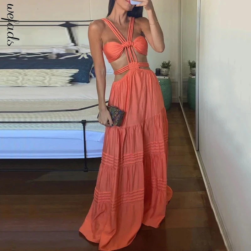 Wefads Women Long Dresses Summer Fashion Sexy Solid Strap Sleeveless Backless Lace Up Hollow Out Pleated Beach Party Dress 250616