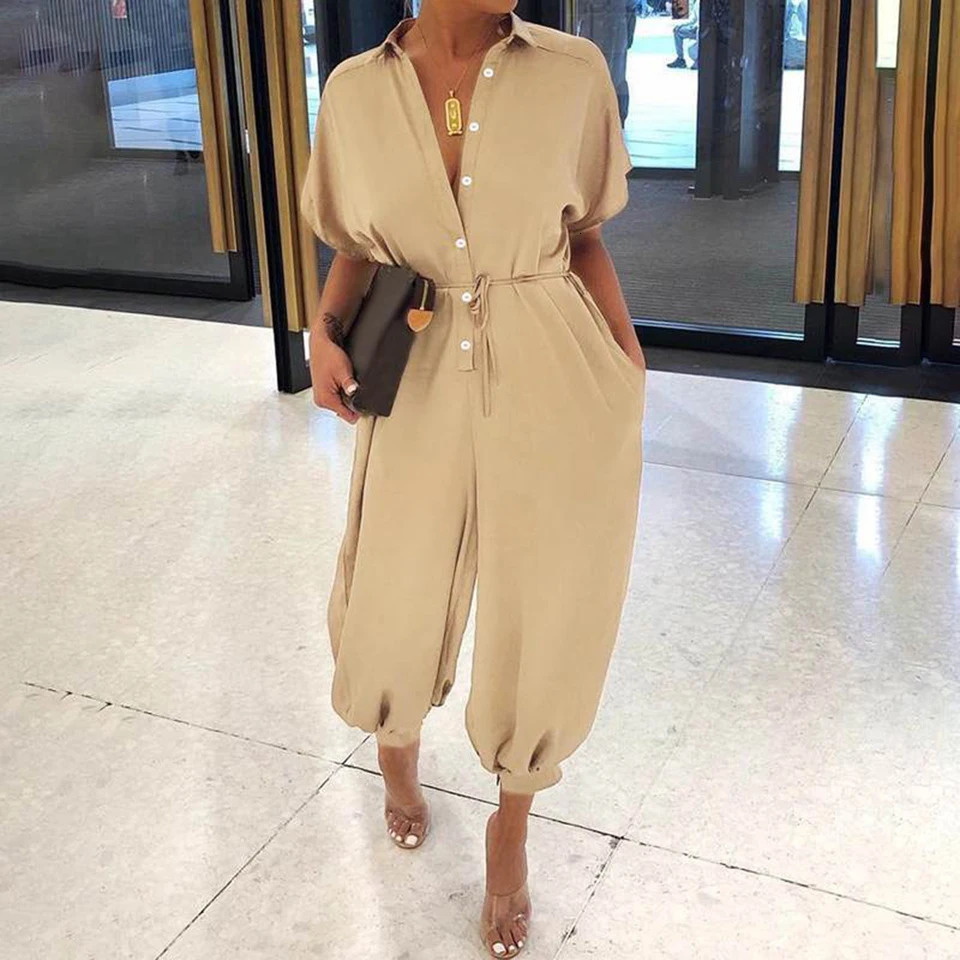 High Waist One Piece Short Sleeve Jumpsuit for Women Clothing Summer Casual Bodysuits Long Pants Female Playsuit Trousers M 250616