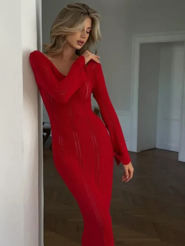 Articat Elegant Knitted Sweater Long Sleeved V-neck Dress Women Slim Hollow Out Female Vesidos Party Club Evening Dress Vacation 250614
