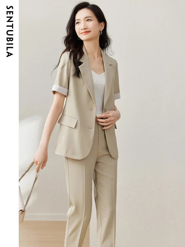 SENTUBILA Summer Blazer Pants Suit Women Short Sleeve Jacket Pencil Cropped Pant Office Lady TwoPiece Set 132Z49796 250612