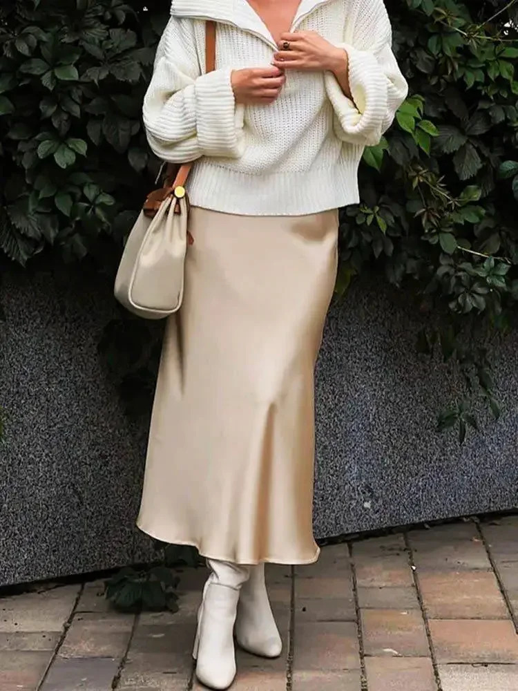 Silk Satin Skirts for Women High Waisted Skirt 2025 Women A-Line Elegant Skirts Summer Pink Midi Skirt Korean Style 250614