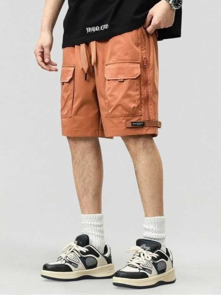 Mens Cargo Shorts with Zipper Loose Male Short Pants Orange Bermuda Popular Elegant Comfortable Distressed Nylon Clothes Wide Z250617