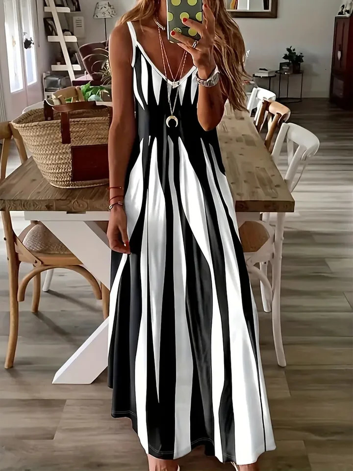 Abstract Print Maxi Dress Casual Sleeveless Spaghetti Strap Dress Womens Clothing 250616