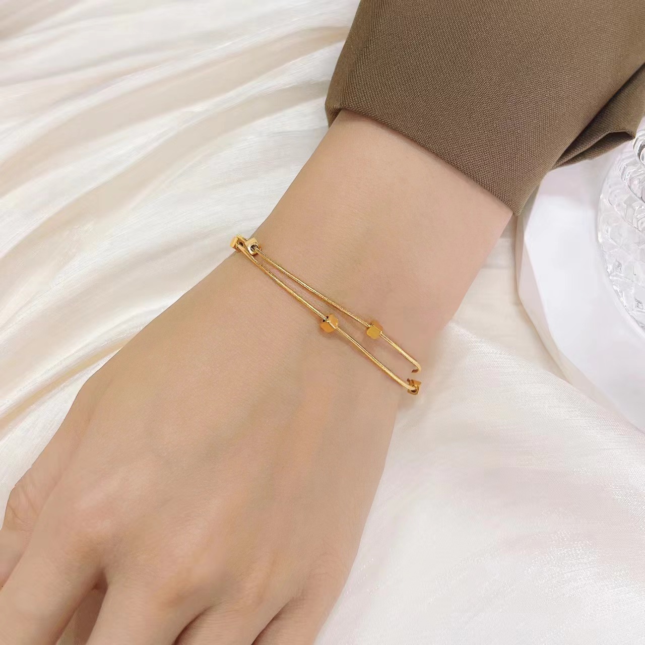 Fashion Light Style Versatile Elegant Small Square Double Layer Stacked Bracelet for Women Titanium Steel Non-Fading Jewelry
