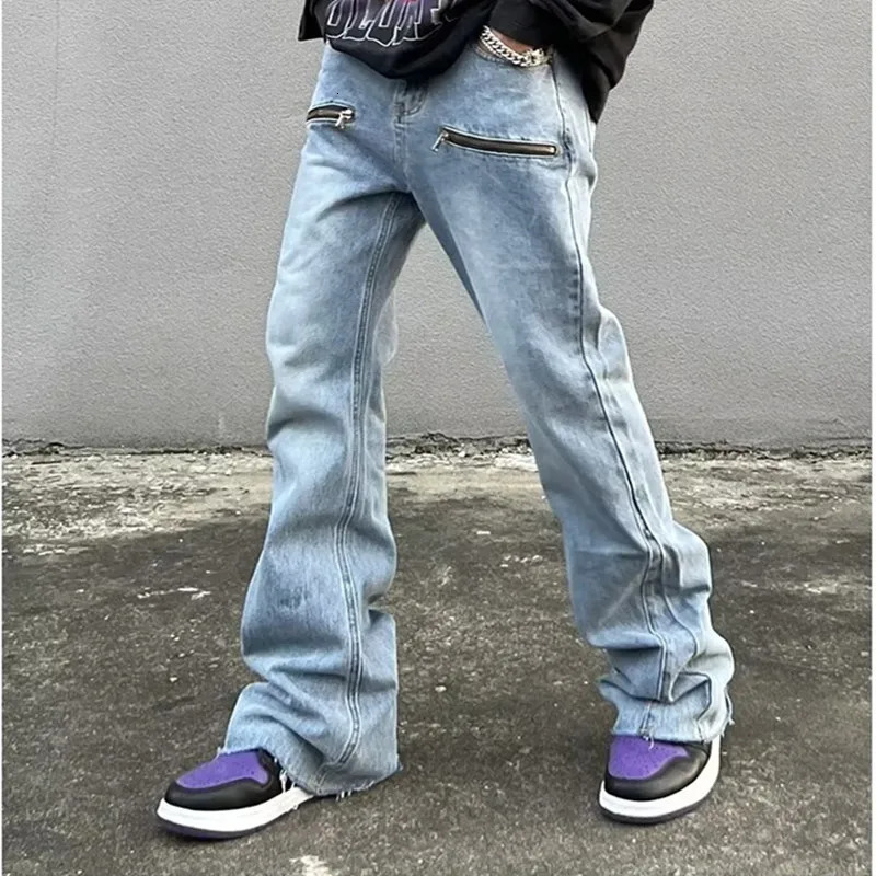 Y2K Fashion Zipper Retro Washed Baggy Flare Jeans Pants Men Streetwear Hip Hop Wide Leg Straight Denim Trousers Ropa Hombre 250616