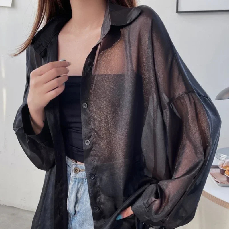 Women Shirt Long Sleeve Top Blouse Female Chiffon Loose Sexy Solid Summer Cardigan Thin Color Casual Shirt Outerwear 250616
