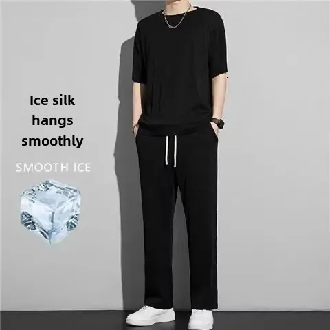 HighEnd Ice Silk Mens Sports Suit Casual Home Use Long Pants Short Sleeves Quick Drying Top Set Summer Collection 250614