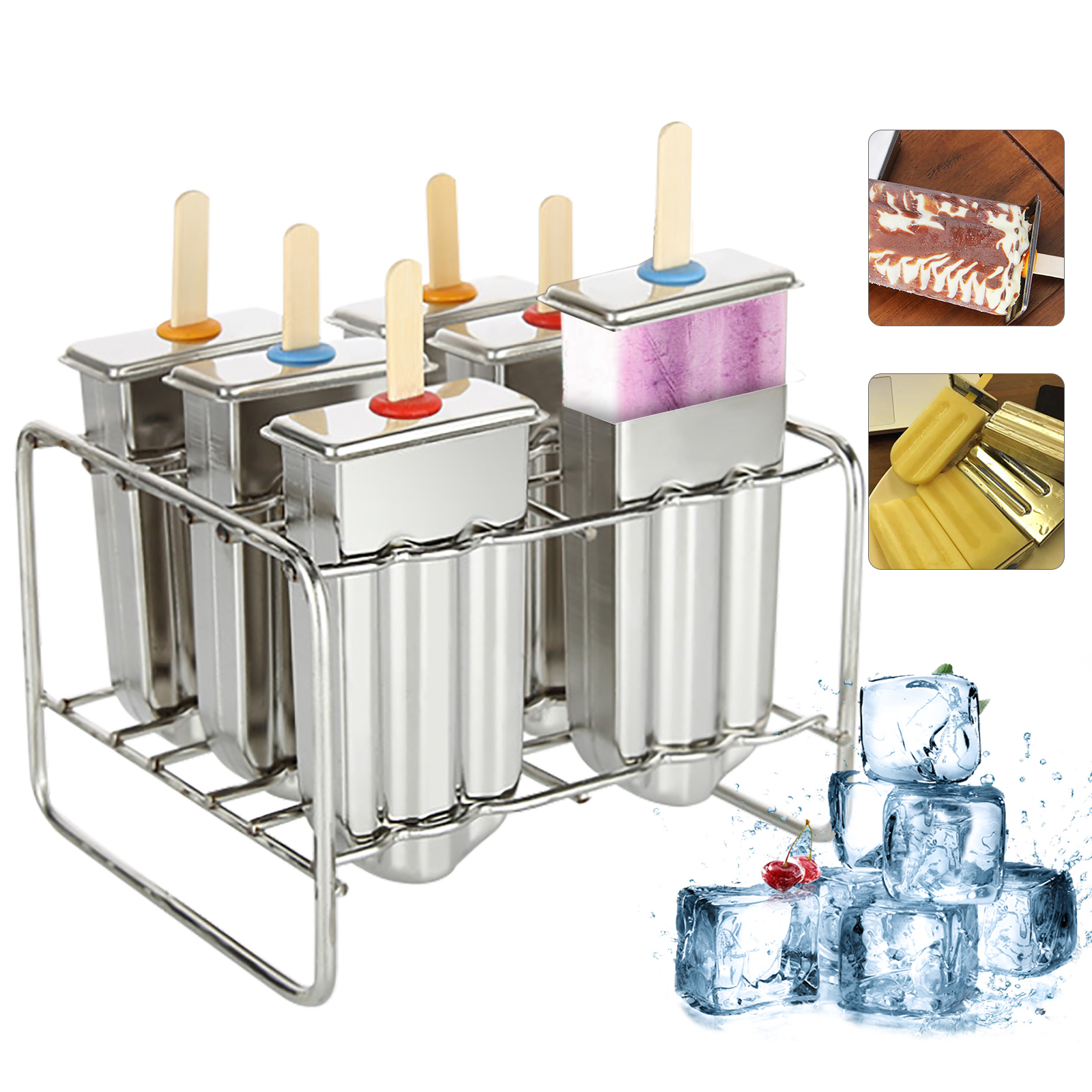 6 Pcs Stainless Steel Ice Cream Molds Round Head Double Cavity 85g Per Pop Homemade Ice Lolly Maker Reusable DIY Popsicle Freezer Tray BPA Free
